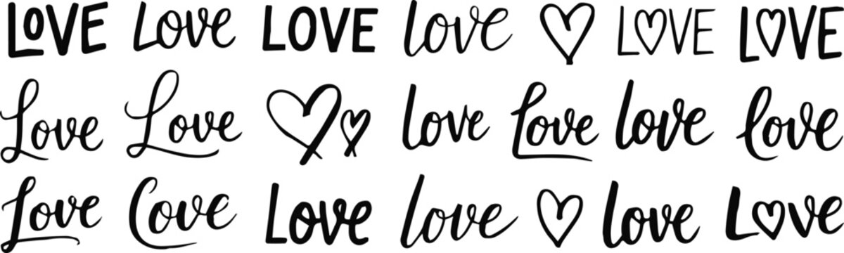 love typography set with hearts and hand lettered word art