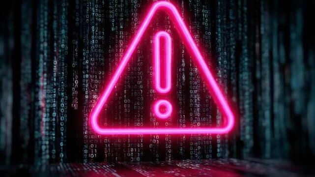 A vivid, glowing neon pink warning sign, featuring a prominent triangular caution symbol with an exclamation mark, stands out against a mesmerizing backdrop of cascading digital binary code. The data 