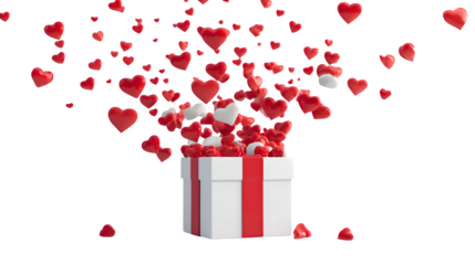Gift box overflowing with hearts 3d rendered isolated on transparent background