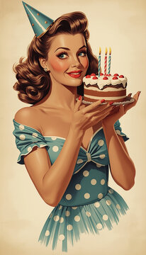 Pin-up A smiling woman in a blue polka-dot dress holding a birthday cake with lit candles