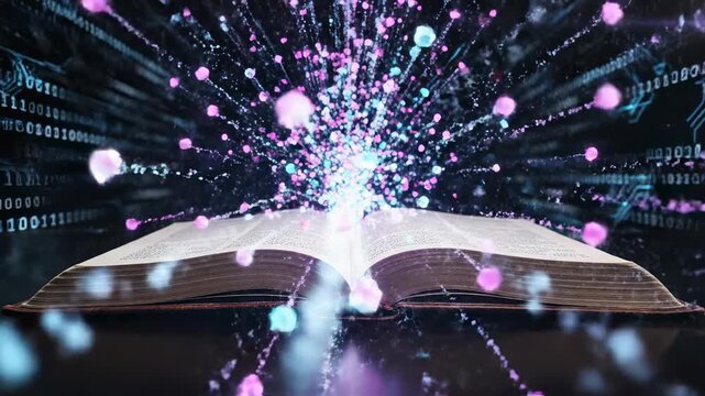 Abstract conceptual animation showing glowing geometric data flowing like light trails emanating from the center spine of an open textbook against a digital background technology, connection, ai