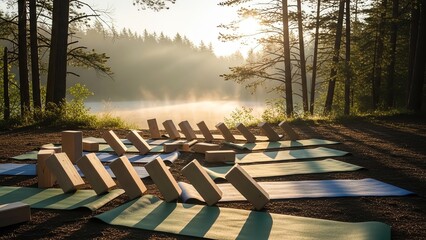 Yoga mats and blocks in forest near lake