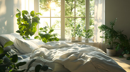 Cozy bedroom with lush green plants and soft morning sunlight