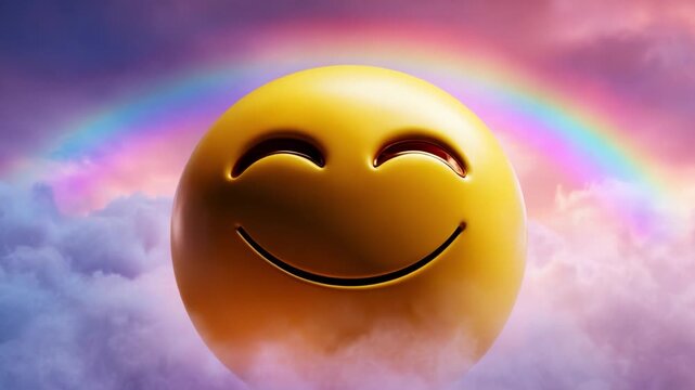 A joyful yellow emoji emerges from fluffy clouds, eyes closed with happiness, surrounded by a vibrant rainbow that spans across a soft, dreamy sky bathed in colorful light.