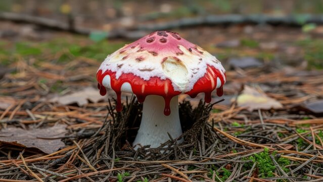 Captivating close-up of a unique red and white 'bleeding tooth fungus' mushroom with dripping red liquid, growing on the earthy forest floor amidst pine needles under natural light.