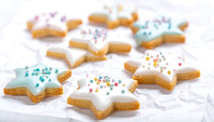 Star-shaped cookies with colorful sprinkles on a white surface.