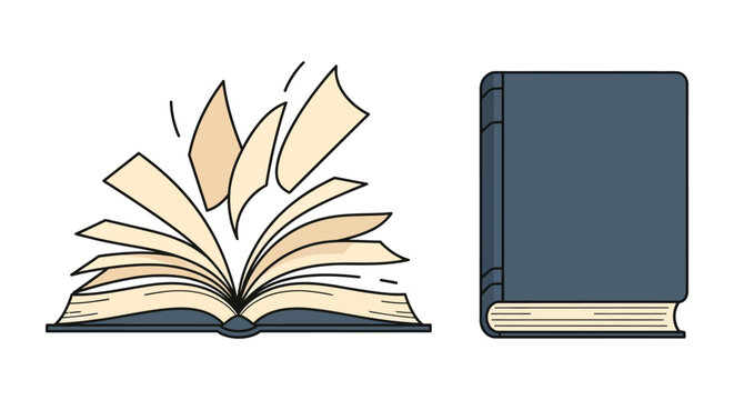 An illustration depicts a closed red book and an open book with fluttering pages
