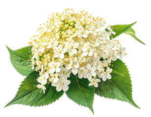 Close-up of lush white flower cluster, surrounded by broad green leaves, cut-out style