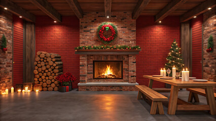 Cozy winter cabin interior with fireplace, christmas tree and rustic decor fireplace christmas tree.