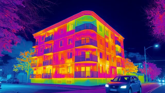 Thermal imaging infrared view colorful apartment building at night heat signature detection energy loss visualization urban structure