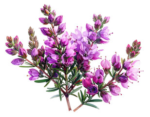 Watercolor depiction of purple blooming heather branches. Close-up rendering on black background