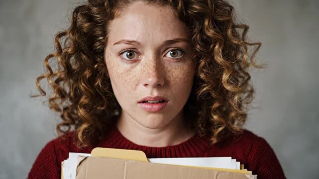 A young person with prominent curly hair and freckles gazes directly at the viewer, holding a stack of folders and papers. Their wide-eyed expression conveys a mix of surprise, apprehension, and perha