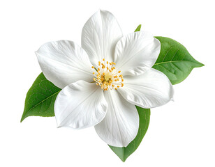 Isolated, pristine white blossom with yellow center and verdant green leaves against black