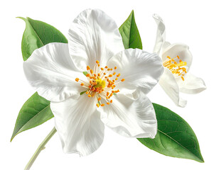 Close-up of delicate white blossoms with vibrant yellow centers and lush green leaves