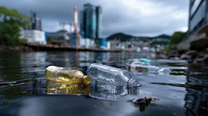 An urgent call to awareness captured in a photograph of polluted waters dotted with plastic bottles, representing environmental concerns and the impact of human activity.