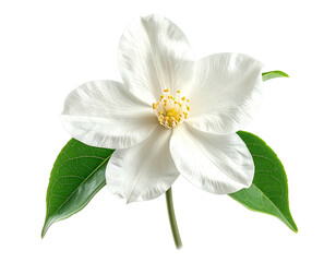 Isolated, pristine white flower with yellow center, accompanied by vibrant green leaves, on black background