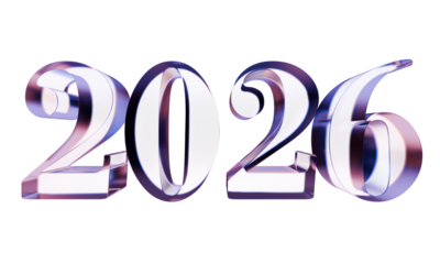 Isolated happy new year 2026 blue purple glass letter 3d illustration
