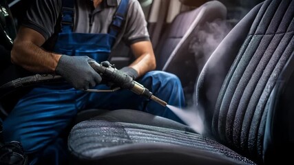 Professional technician performs deep steam cleaning on car seats removing dirt and stains for spotless vehicle interiors