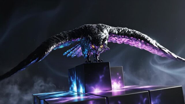 Abstract conceptual shot of a stylized great horned owl dynamically lifting off from a mysterious glowing stack of geometric cube-shaped volumes corporate, generation, animation