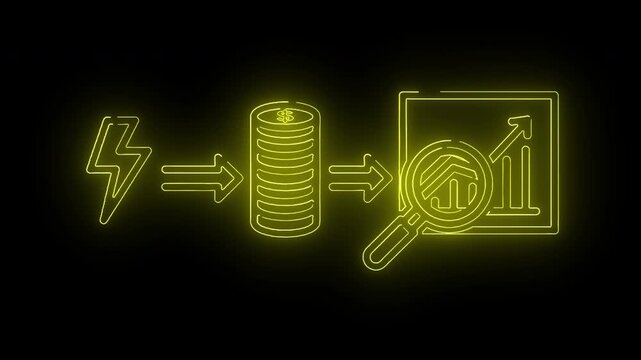Neon-lit infographic illustration of a lightning bolt transforming into a stack of coins and then into a magnifying glass analyzing a graph on a screen.