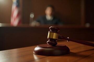 Close-up of gavel striking wooden block on judge's bench in courtroom