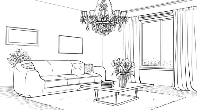 Detailed line art sketch of an elegant living room interior design with sofa, coffee table, chandelier, and window