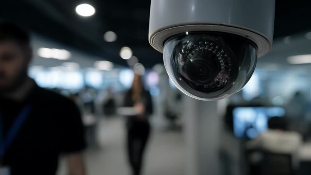 Medium shot of a modern surveillance setup featuring indoor cameras optimized for lowlight conditions in a corporate office setting.