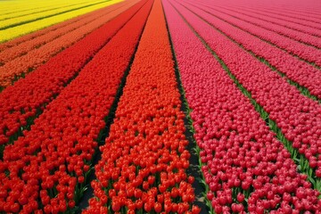 Above the vibrant tulip fields: An aerial view of full bloom, showcasing colorful patterns and textures.