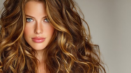 Naklejka premium A young Asian woman with luxurious caramel balayage highlights in her wavy brunette hair is set against a neutral beige background, presenting a sleek modern salon look