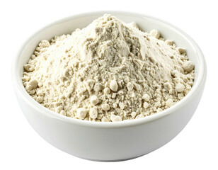White bowl filled with light-brown powder, a close-up image set against a transparent background