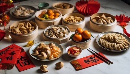 Assorted traditional dishes and fruits displayed on a table with red envelopes and decorations