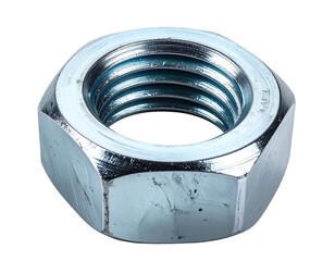 Close-up studio shot of a shiny, hexagonal metal nut, showcasing its internal threads