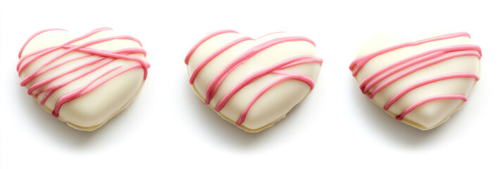 Obraz premium Delicious heart-shaped white chocolate cookies with red drizzle