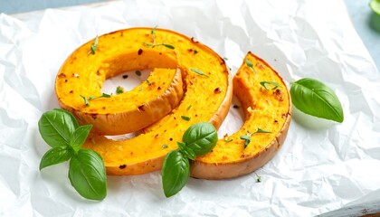 Roasted Butternut Squash Slices with Fresh Basil on White Paper.