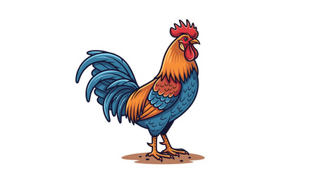 Vibrant illustration of a rooster with colorful feathers in shades of blue, red, and orange, standing on a small patch of ground.