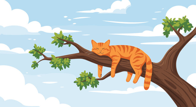 Orange tabby cat sleeping peacefully on a thick tree branch against a background of soft blue sky and fluffy white clouds.