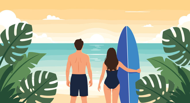 Young couple from back view standing on a tropical beach with a surfboard watching the sunset through palm leaves.