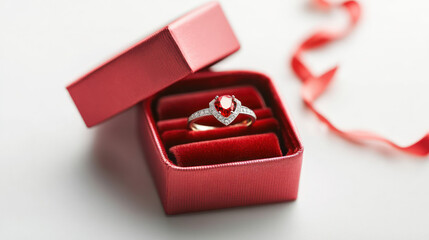 Elegant engagement ring in red velvet box