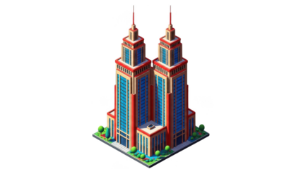 Isometric illustration of twin modern red and blue skyscrapers showing detailed urban architecture and commercial real estate
