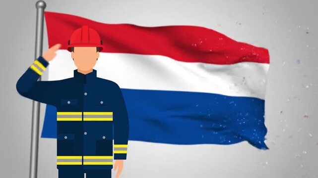 Illustration of a Dutch firefighter saluting the national flag