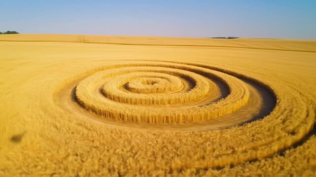 Spiral crop circle in golden wheat field