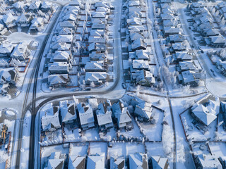 Aerial view of a Calgary residential area on a freeezing winter day.