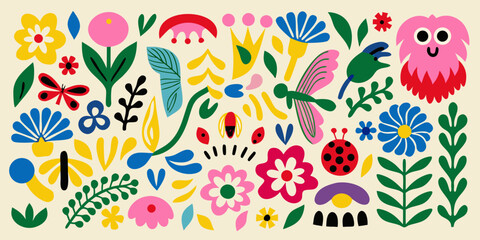 A playful illustration featuring colorful flowers whimsical creatures and abstract shapes