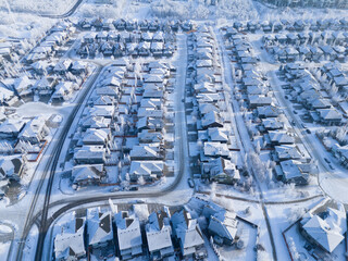 Aerial view of a Calgary residential area on a freeezing winter day.
