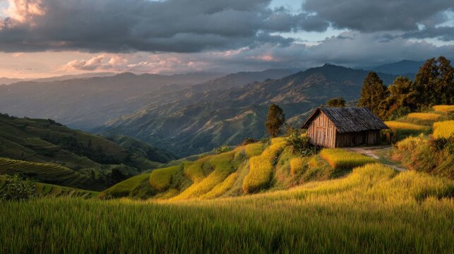 Serene Rustic Hut in Golden Rice Terraces During Majestic Sundown Over Lush Mountains and Breathtaking Valleys in Tranquil Rural Landscape