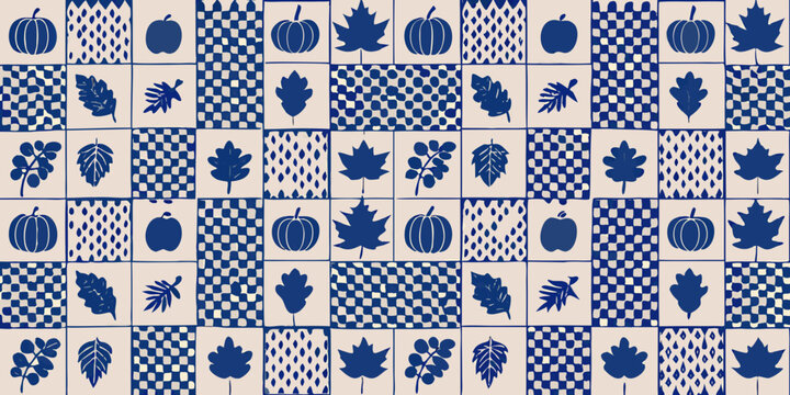 A repeating pattern of blue and white autumn leaves pumpkins and apples