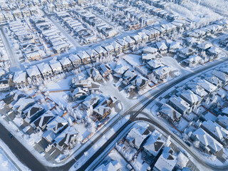 Aerial view of a Calgary residential area on a freeezing winter day.