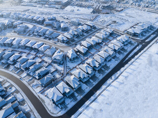 Aerial view of a Calgary residential area on a freeezing winter day.