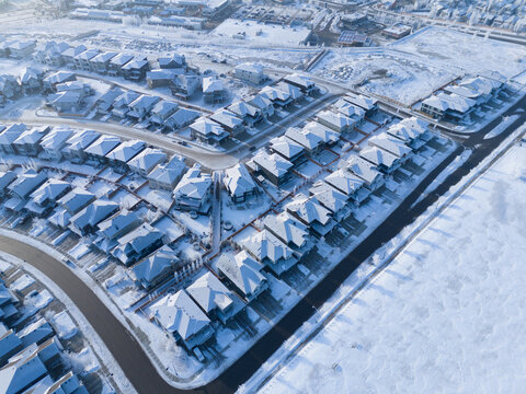 Aerial view of a Calgary residential area on a freeezing winter day.