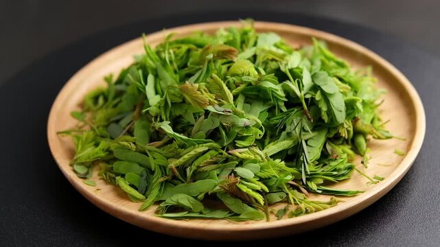 Young tamarind leaves for cooking in wooden plate.